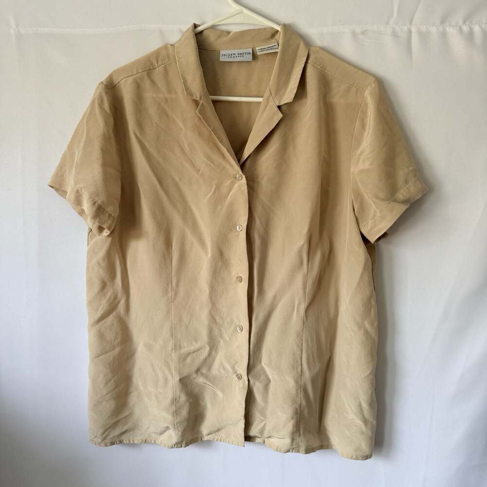 Jaclyn Smith Classic 100% Silk Short Sleeve Notch Collar Blouse Sz L